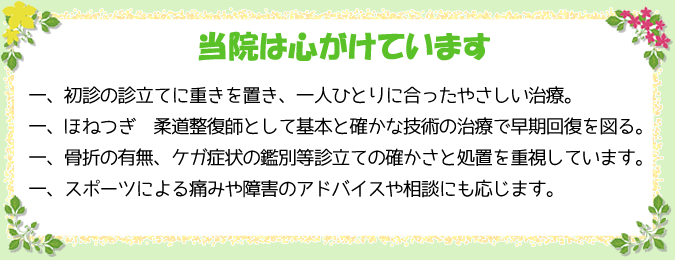 当院は心がけています。初診の診立てに重きを置き、一人ひとりにあったやさしい治療。ほねつぎ・柔道整復師として基本と確かな技術の治療で早期回復を図る。骨折の有無、ケガ症状の鑑別等診立ての確かさと処置を重視しています。スポーツによる痛みや障害等のアドバイスや相談にも応じます。